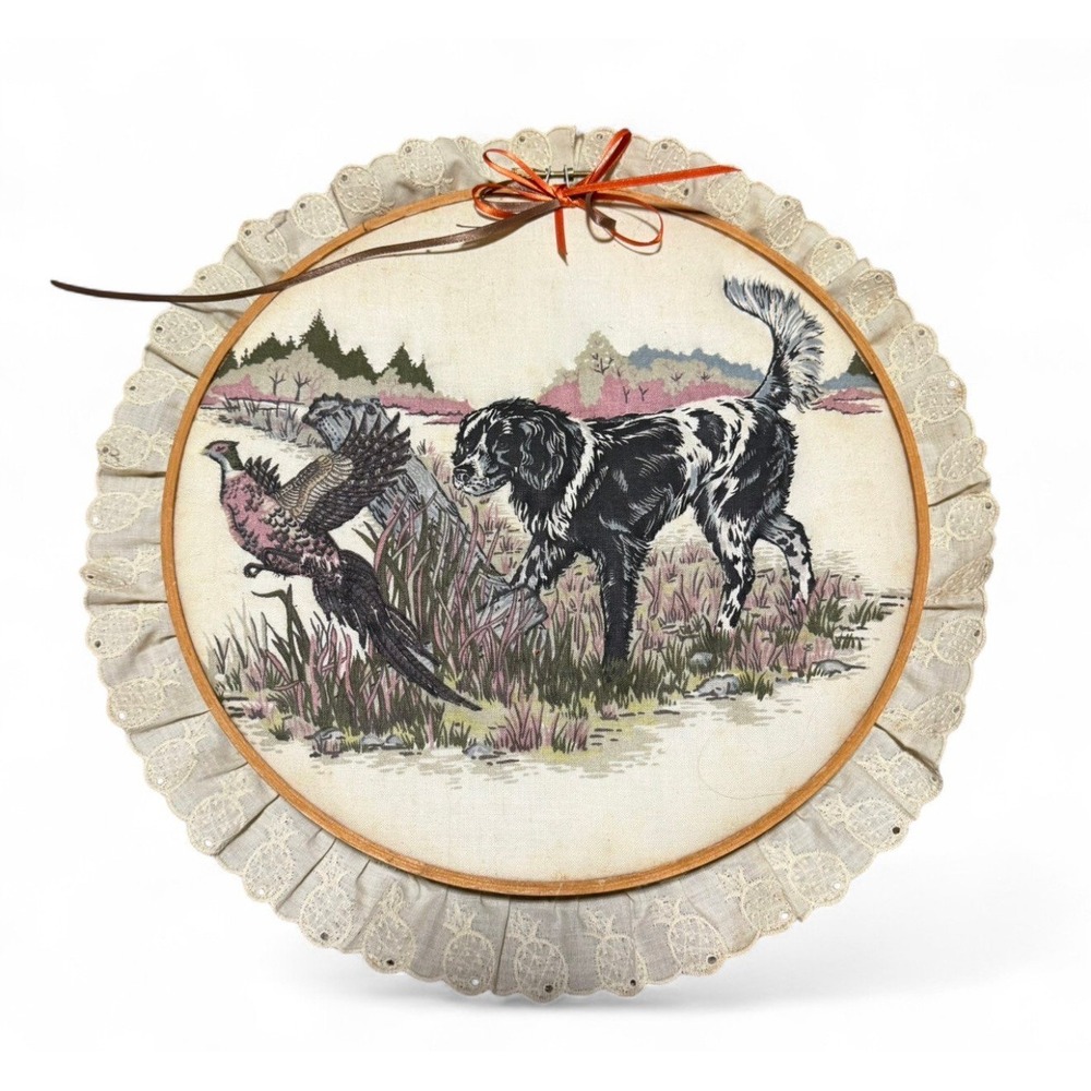 Vintage Embroidery Hoop Wall Art Hunting Dog Pheasant Needlepoint 12" Cottage